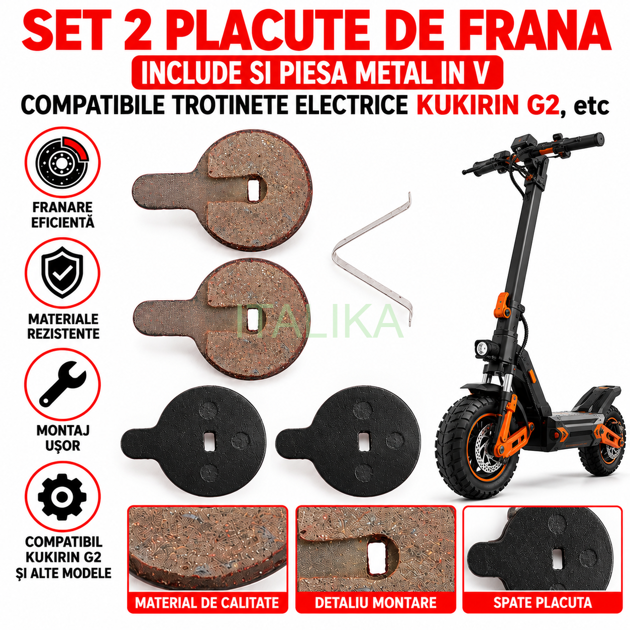 Set 2 Placute Frana Roata SPATE compatibile trotineta electrica KUKIRIN G2