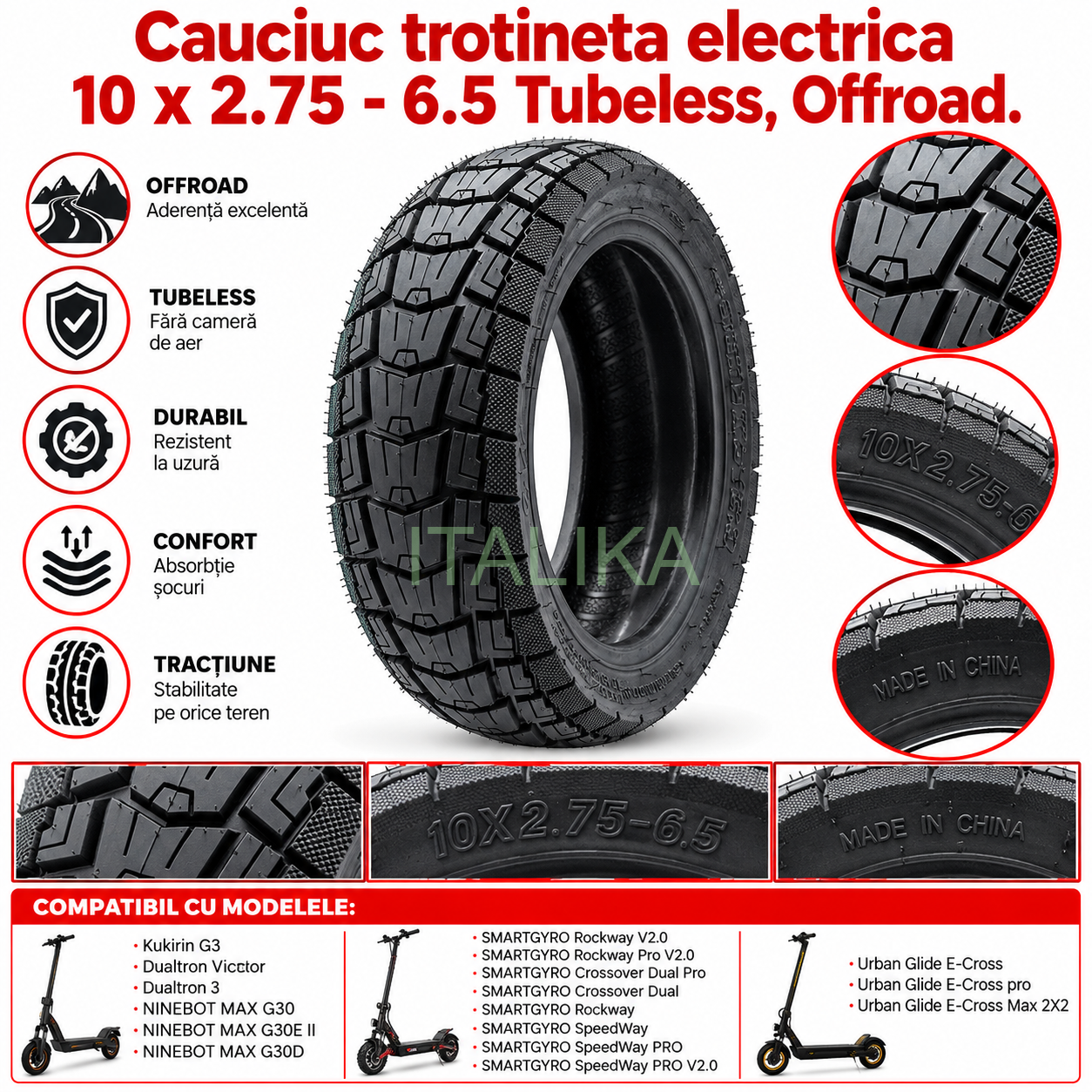 Anvelopa Cauciuc Roata SPATE trotineta electrica 10 x 2.75 - 6.5 Tubeless Offroad, ITALIKA