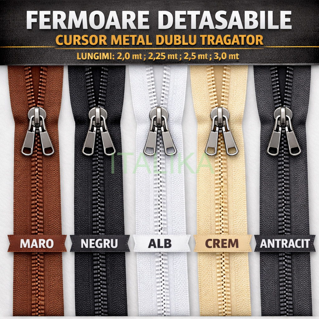  Fermoar DETASABIL  + 1 Cursor cu Dublu Tragator, Coasere sau Lipire cu Adeziv 