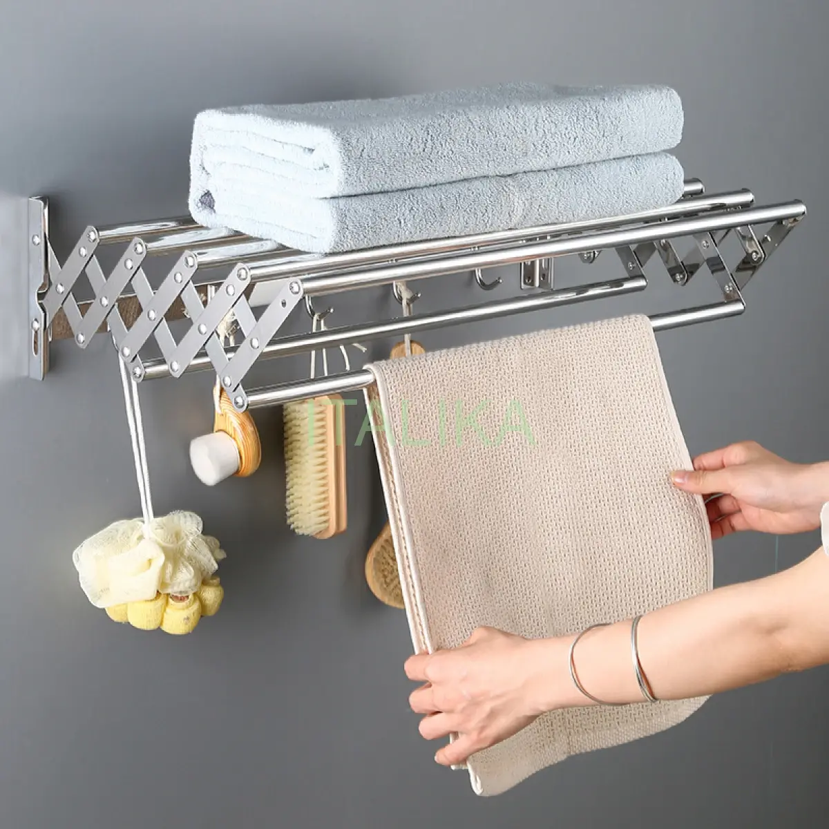 Suport pliabil pentru prosoape, inox, 7 bare, 5 carlige, argintiu