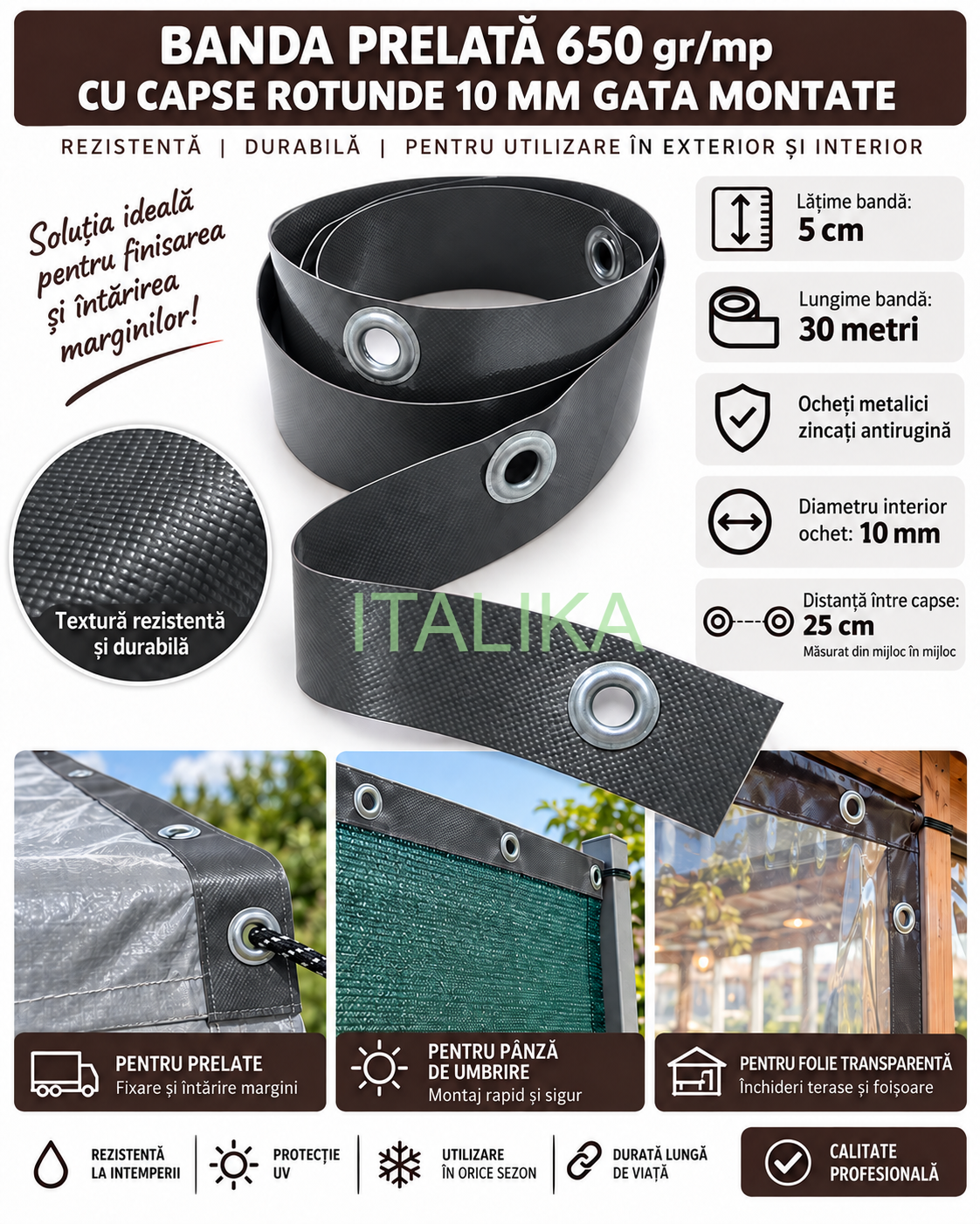 Banda ANTRACIT Intaritura 5 cm x 30 mt cu 120 Capse Rotunde Zincate Antirugina 10 mm interior Gata Montate, Inchideri cu Folie Transparenta Terase, Foisoare, Prelate 