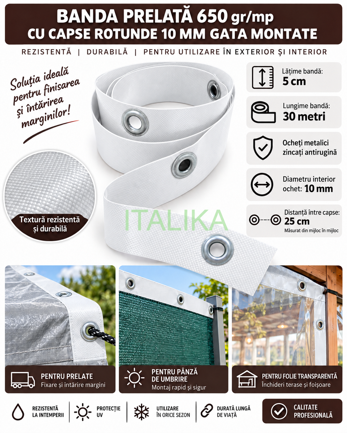 Banda ALBA Intaritura 5 cm x 30 mt cu 120 Capse Rotunde Zincate Antirugina 10 mm interior Gata Montate, Inchideri cu Folie Transparenta Terase, Foisoare, Prelate 