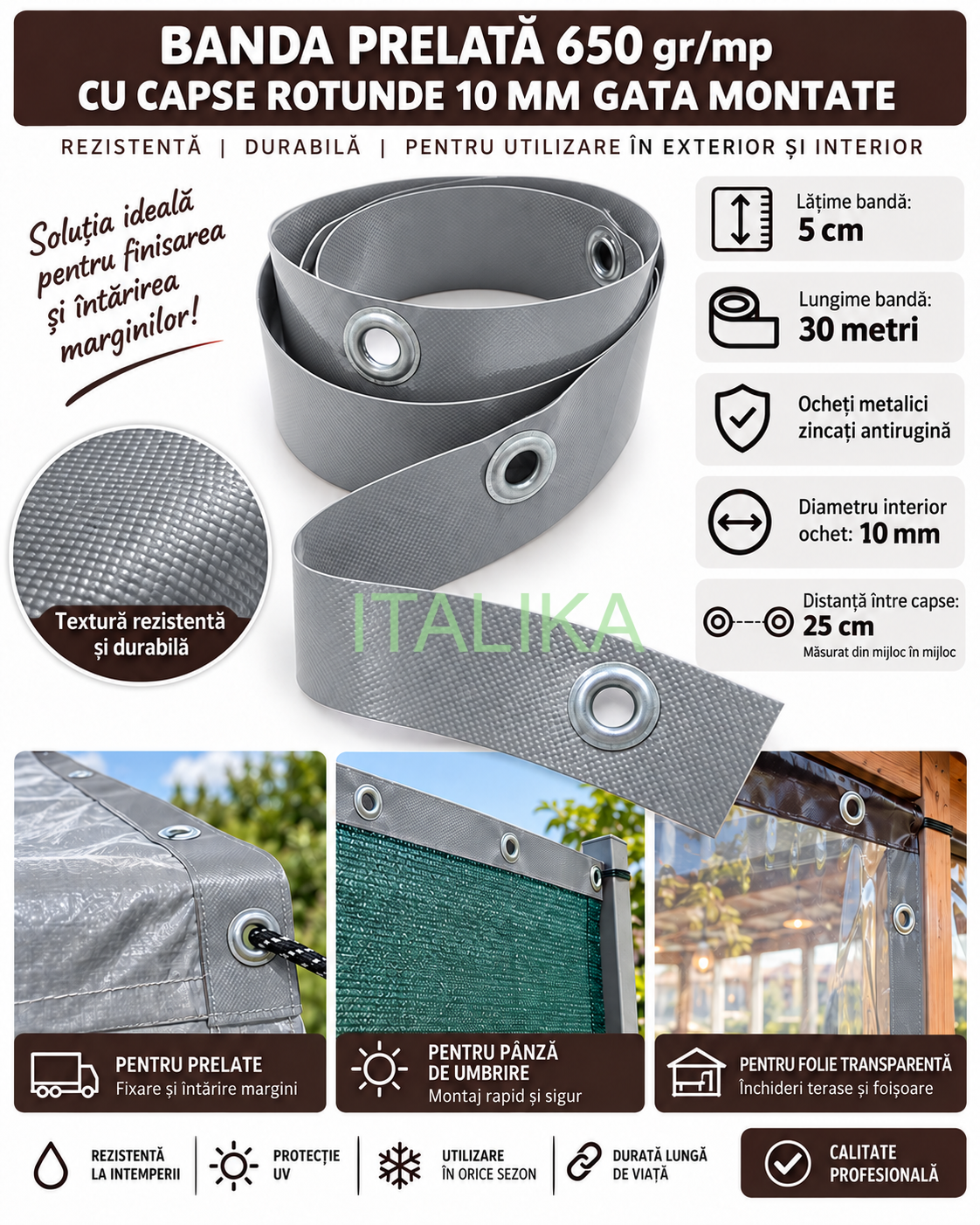 Banda GRI DESCHIS Intaritura 5 cm x 30 mt cu 120 Capse Rotunde Zincate Antirugina 10 mm interior Gata Montate, Inchideri cu Folie Transparenta Terase, Foisoare, Prelate 