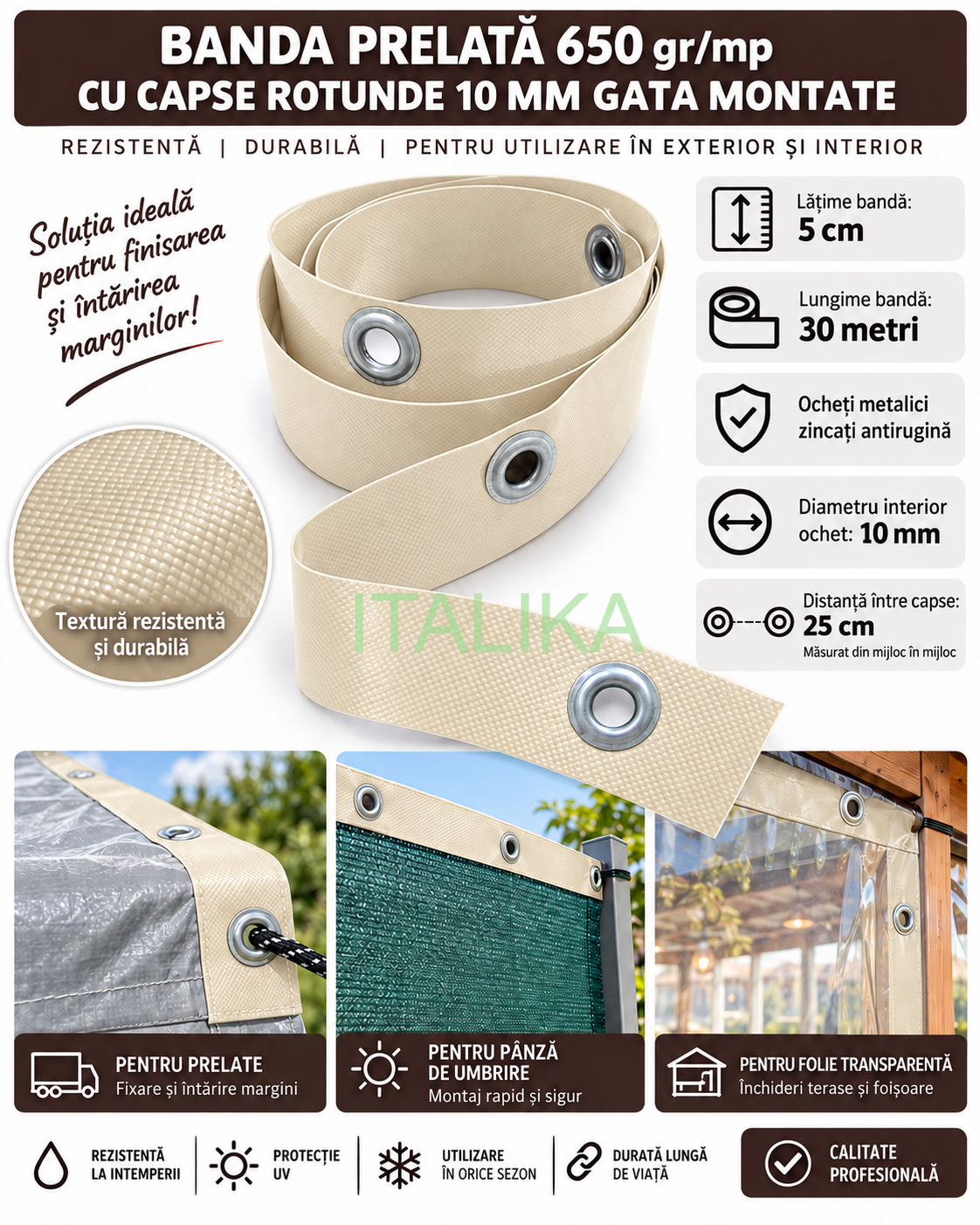 Banda CREM Intaritura 5 cm x 30 mt cu 120 Capse Rotunde Zincate Antirugina 10 mm interior Gata Montate, Inchideri cu Folie Transparenta Terase, Foisoare, Prelate 
