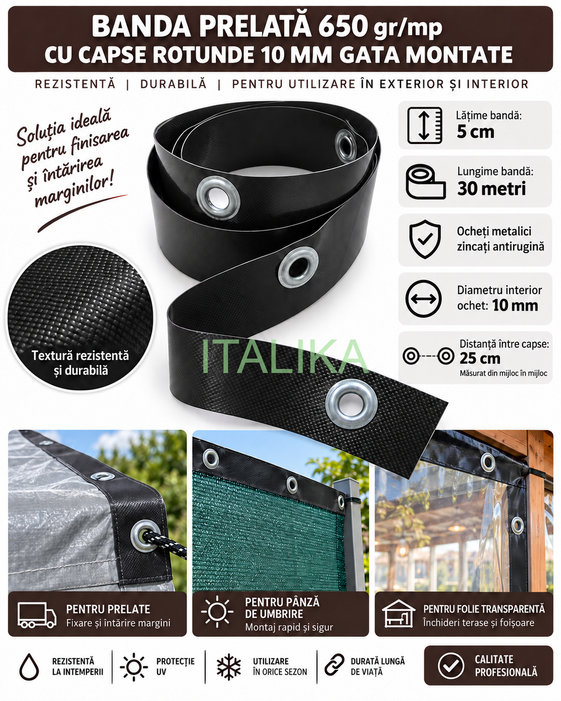 Banda NEAGRA Intaritura 5 cm x 30 mt cu 120 Capse Rotunde Zincate Antirugina 10 mm interior Gata Montate, Inchideri cu Folie Transparenta Terase, Foisoare, Prelate 